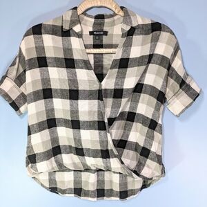 Madewell Black/White Plaid Linen Blend Wrap Front Top